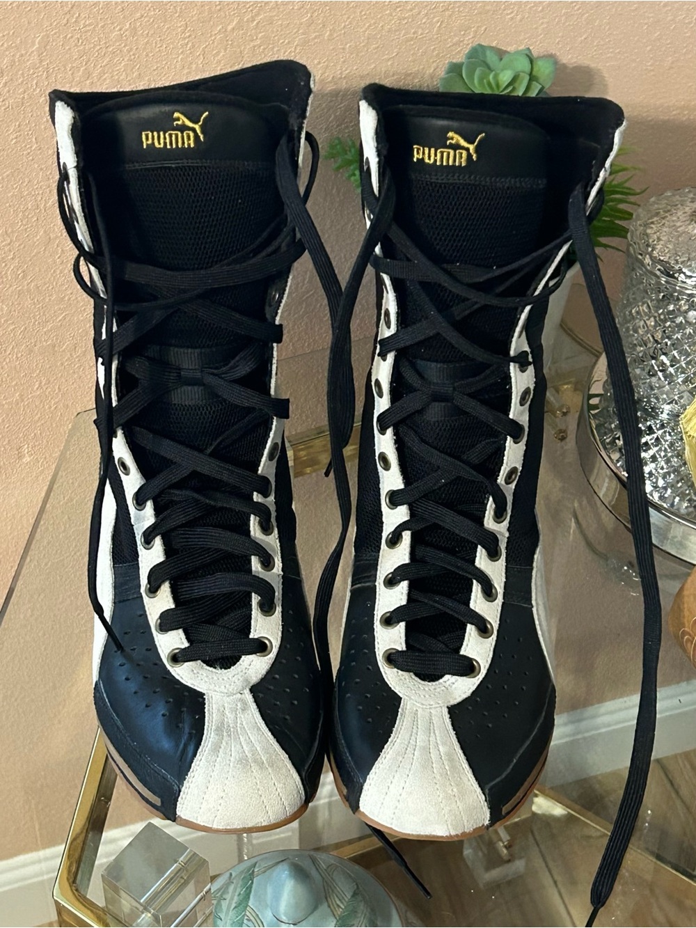 Vintage Puma Schattenboxen Boxing Boots Black and Cream High-Top Sneakers 11/12 - Picture 4 of 16
